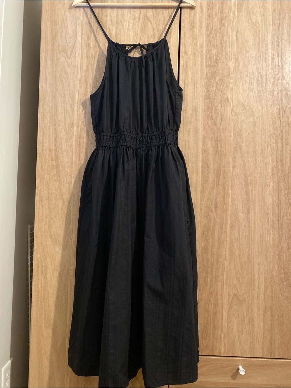 Uniqlo Black Smocked-Waist Midi Dress with Halter Ties